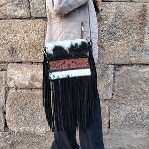 Cowhide Leather Women Shoulder Hand Tooled Bag with Fringes